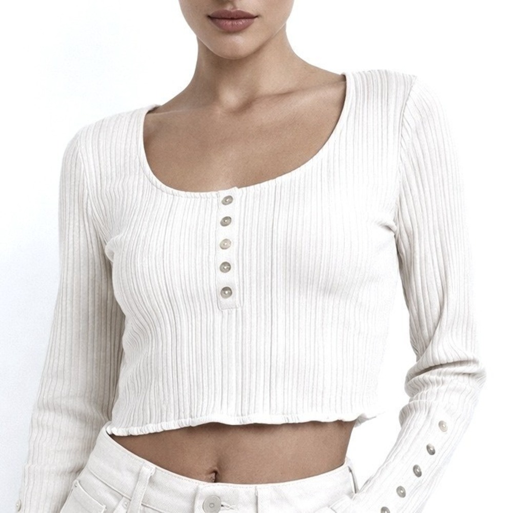 Zara Henley Top Women Large Cream Ribbed Knit Button Cuff Crop Casual Trendy